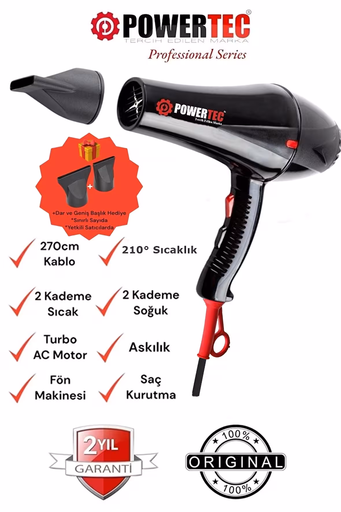 Powertec TR-901 2500 W AC Motor Profesyonel Sıcak ve Soğuk Saç Kurutma ve Fön Makinesi